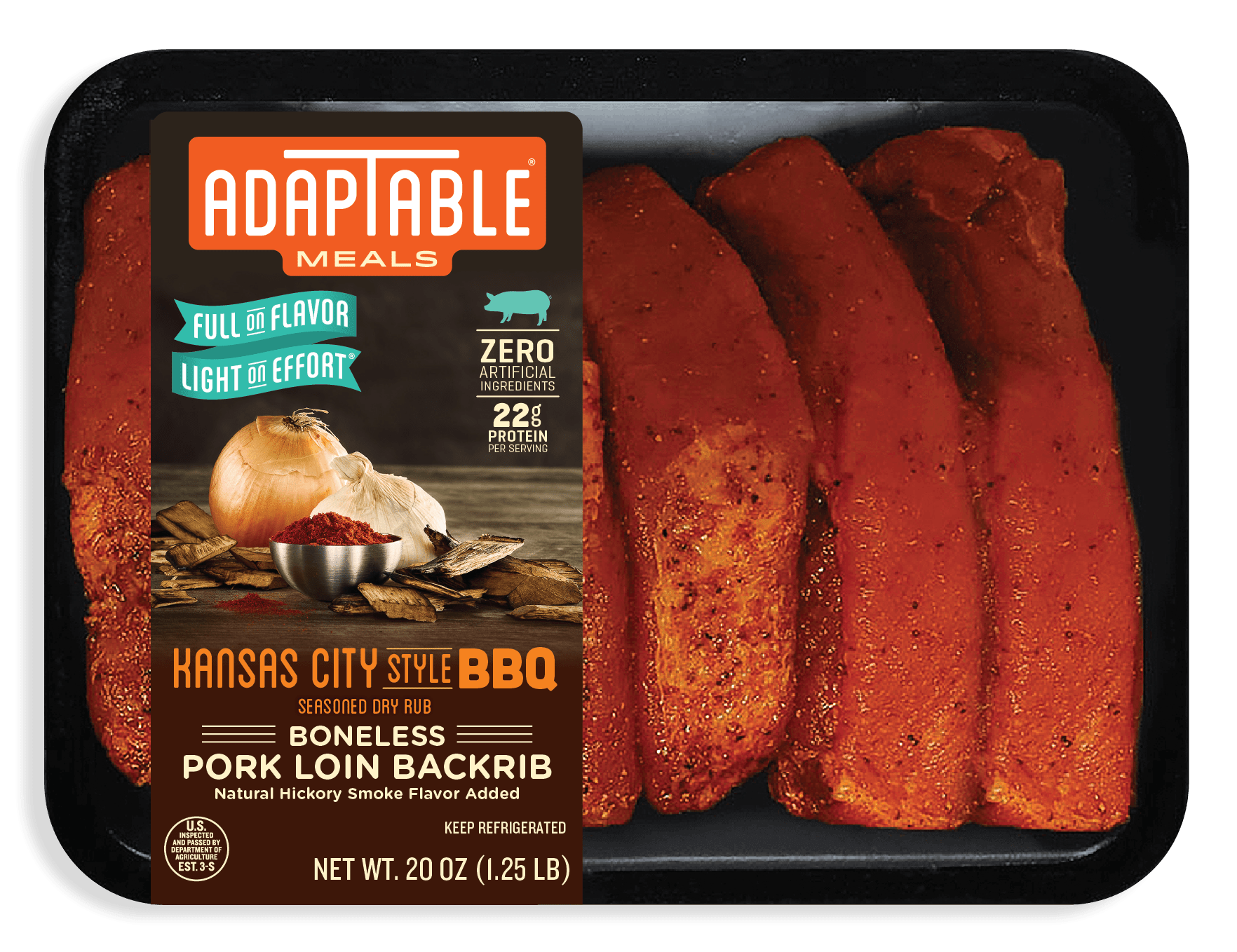 AdapTable Meals Kansas City BBQ Boneless Pork Loin Backrib in packaging.