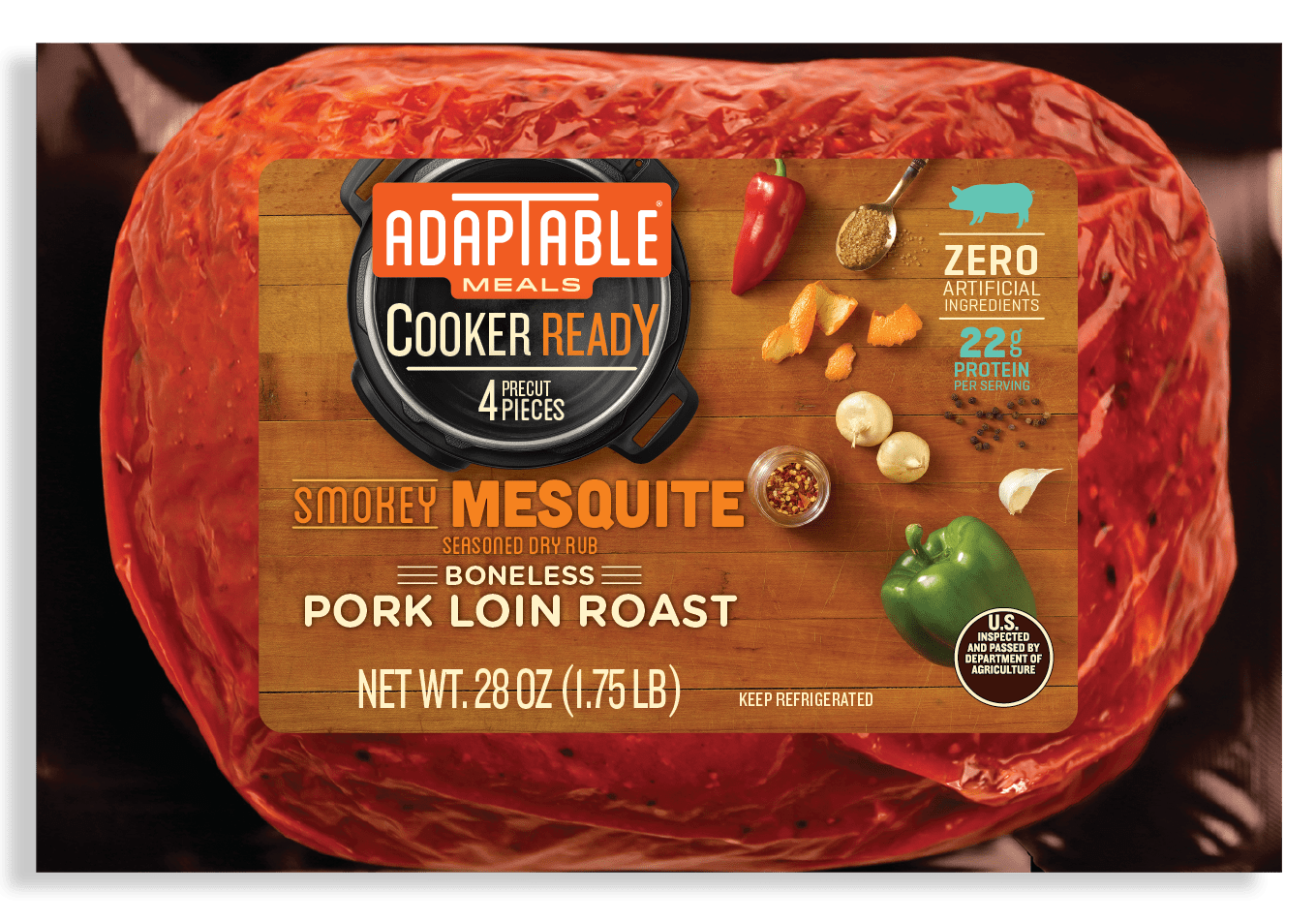 AdapTable Meals Smokey Mesquite Boneless Pork Loin Roast in packaging.