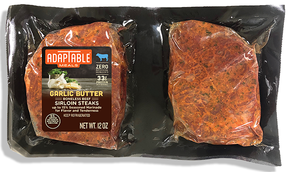 AdapTable Meals Garlic Butter Boneless Beef Sirloin Steaks in packaging.