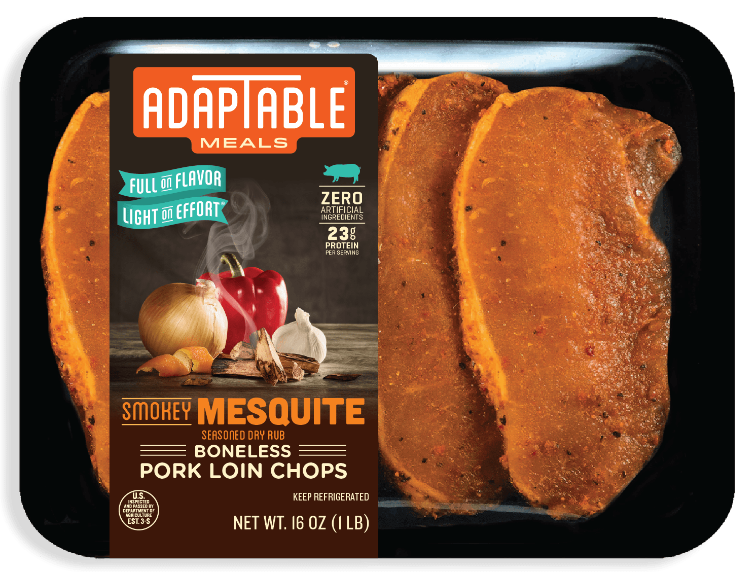 AdapTable Meals Smokey Mesquite Boneless Pork Loin Chops in packaging.