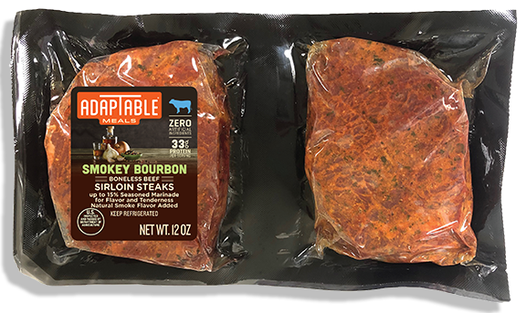 AdapTable Meals Smokey Bourbon Boneless Beef Sirloin Steak in packaging.