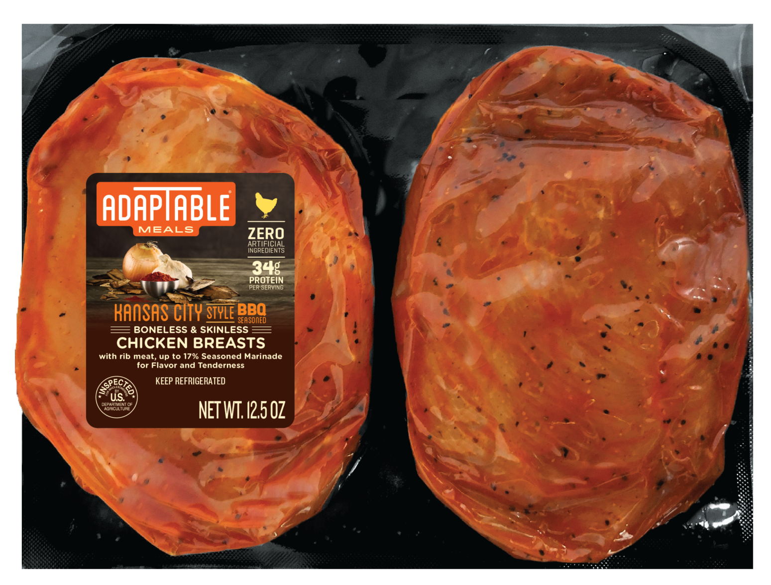 AdapTable Meals Kansas City Style BBQ Seasoned Boneless and Skinless Chicken Breasts in packaging.