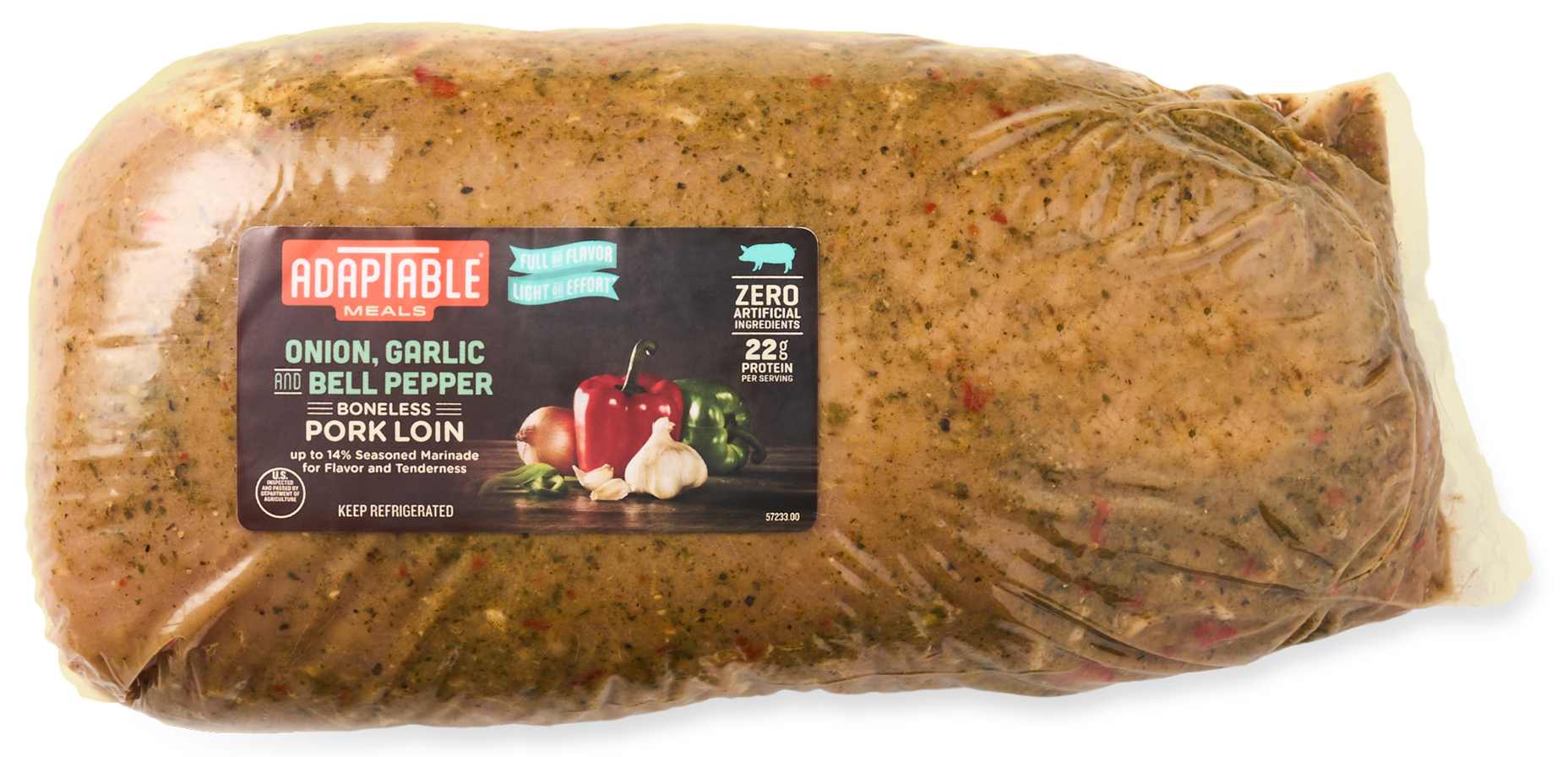 AdapTable Meals Onion, Garlic, and Bell Pepper Boneless Pork Half Loin in packaging.