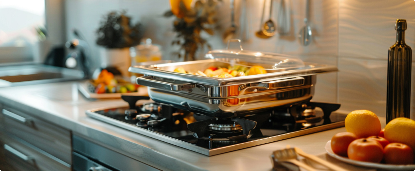 Chafing dish on kitchen counter