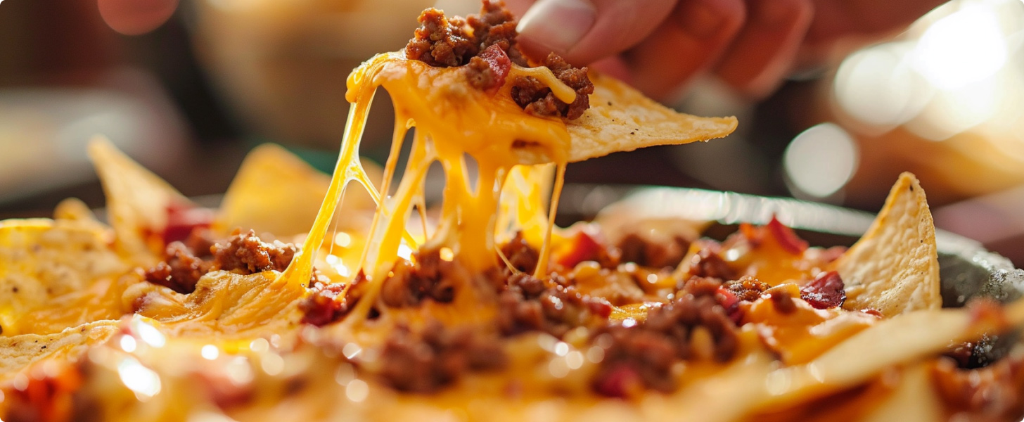 A chip being grabbed from a plate of chorizo nachos