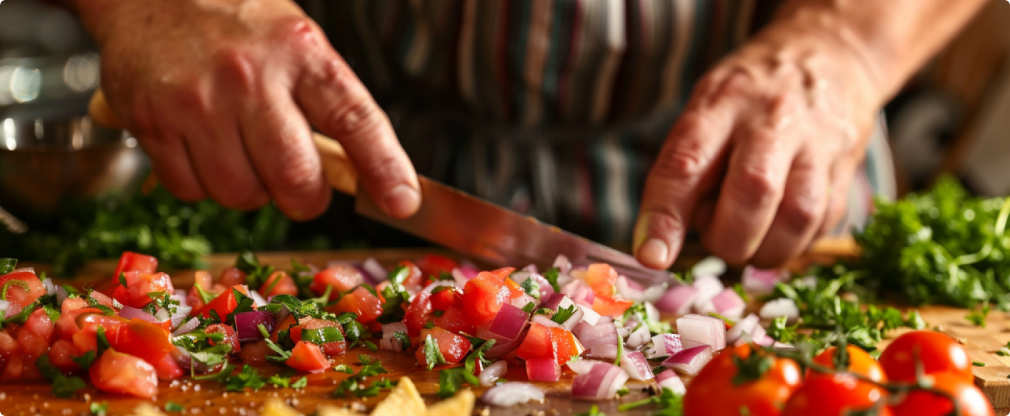 Man Prepping salsa to put on top of nachos