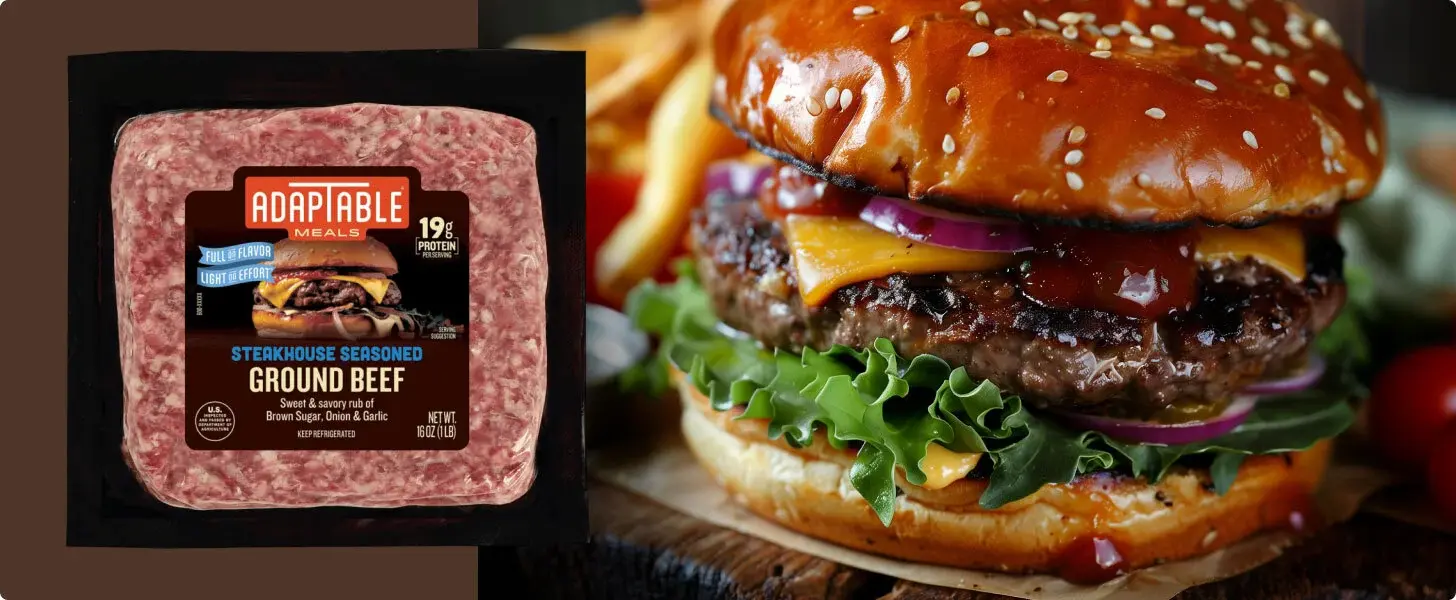 Steakhouse seasoned ground beef product with example