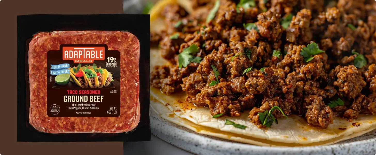 Taco seasoned ground beef product with example